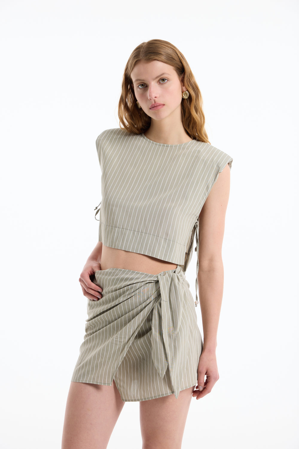 Yanları Bağlamalı Çizgili Vatkalı Bluz Haki