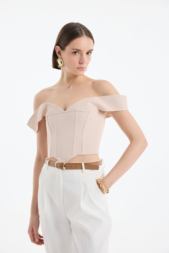 Sırtı İp Bağlamalı Asimetrik Crop Bluz Taş