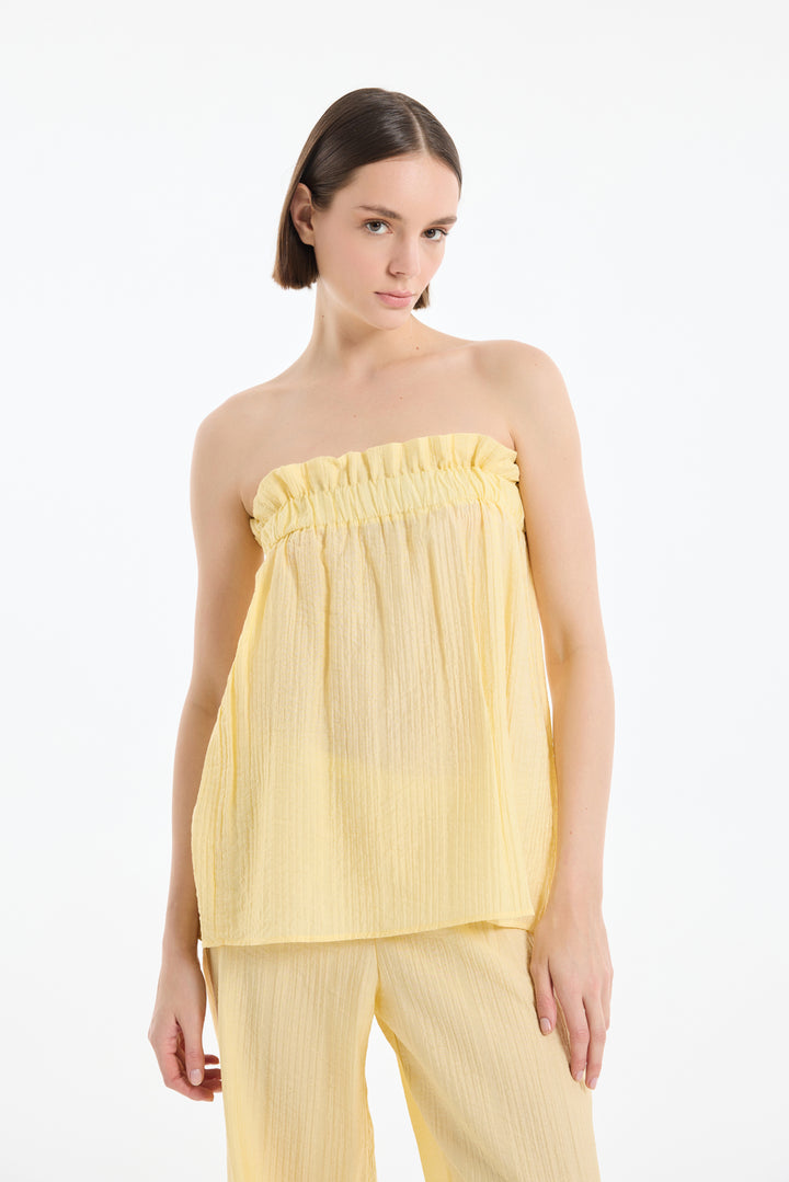 Gofre Kumaş Fırfırlı Straplez Bluz Sarı