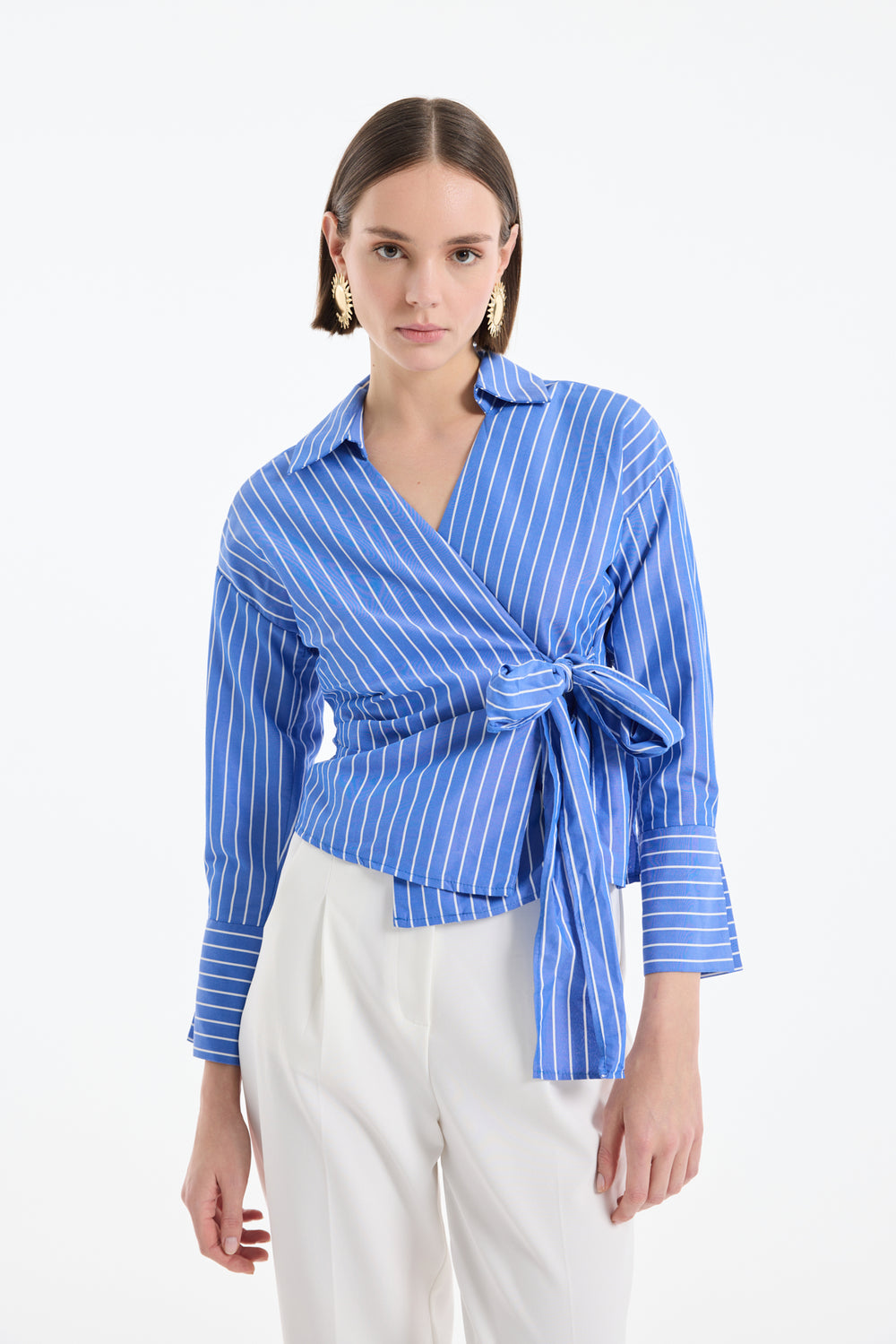 Kruvaze Bağlamalı Çizgili Bluz Koyu Mavi