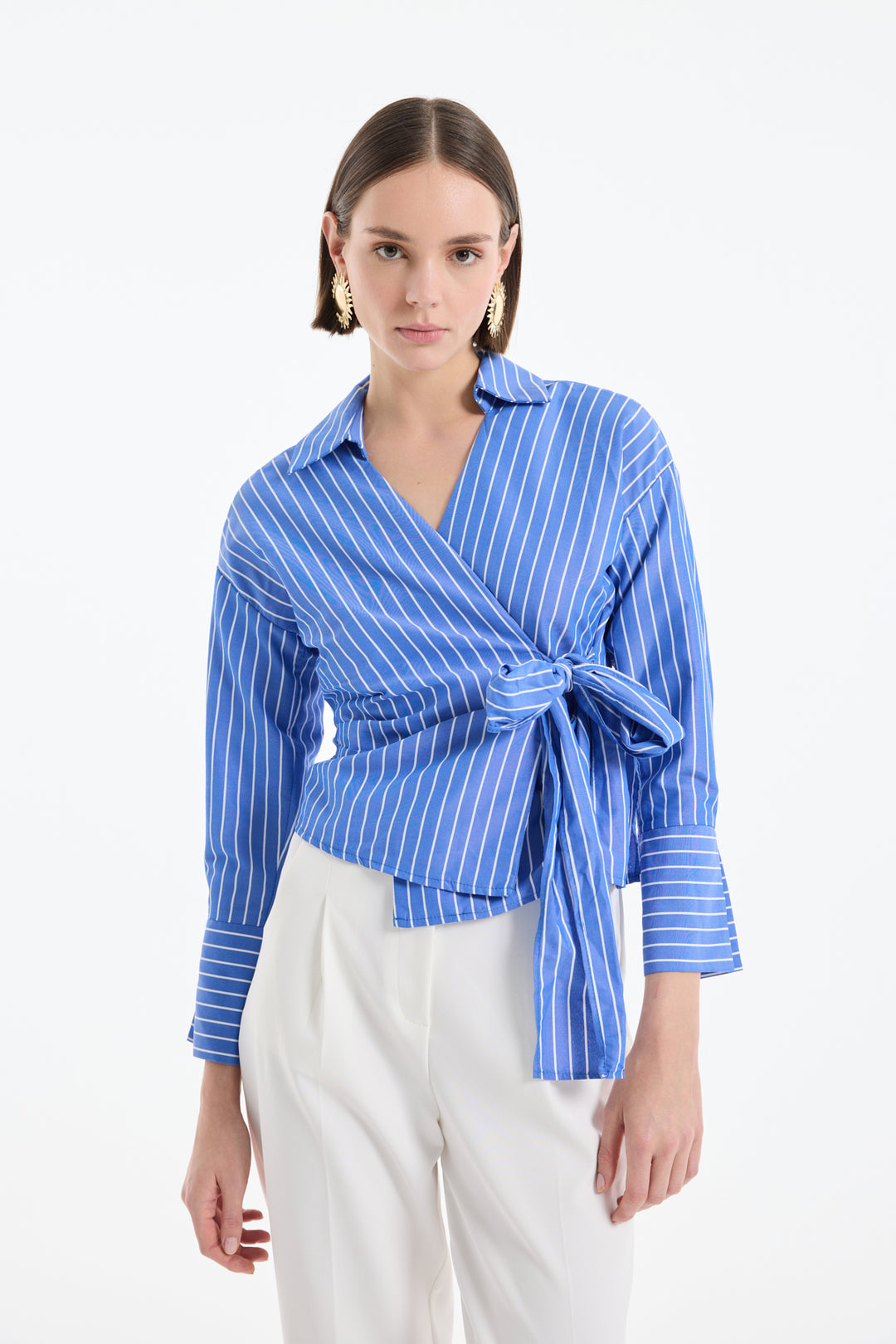 Kruvaze Bağlamalı Çizgili Bluz Koyu Mavi