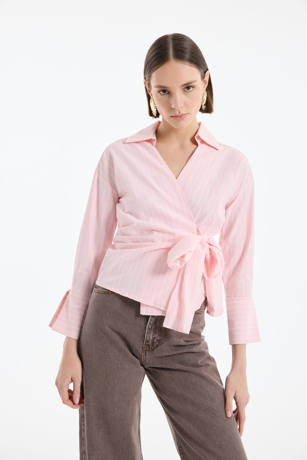Kruvaze Bağlamalı Çizgili Bluz Pembe
