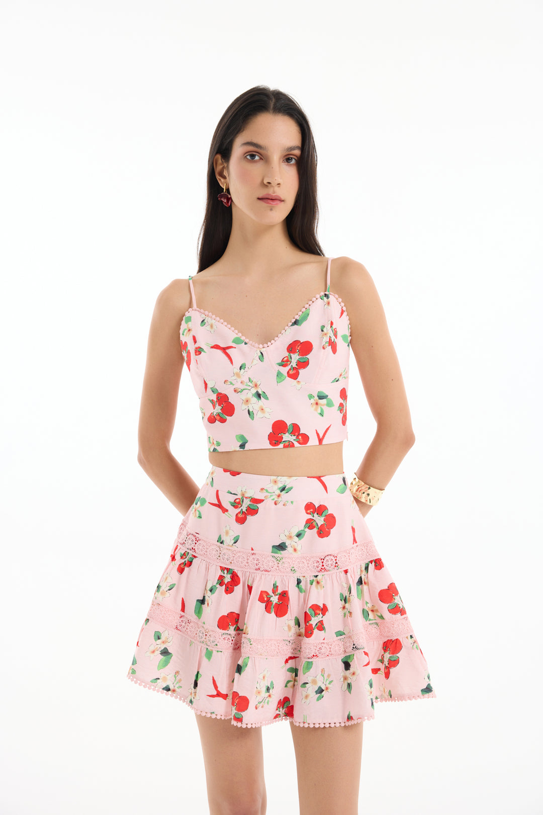 Domates Desenli Askılı Crop Bluz Pembe