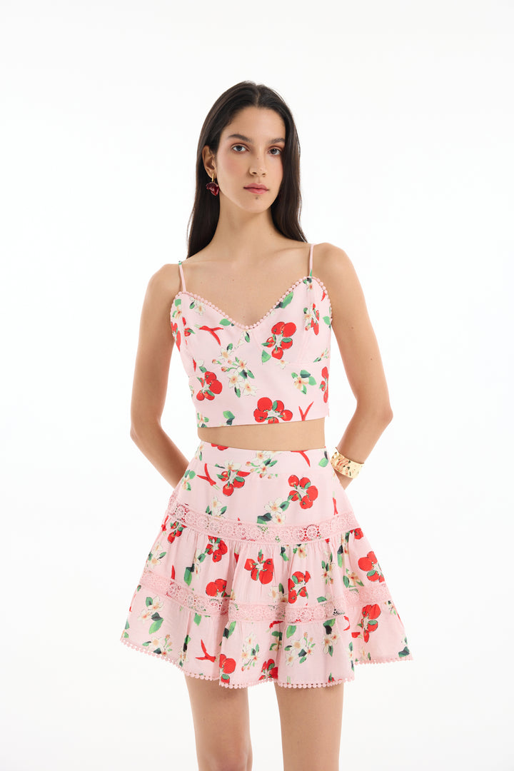 Domates Desenli Askılı Crop Bluz Pembe