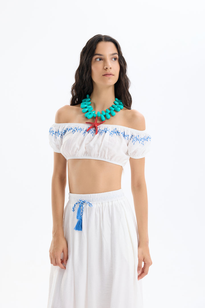 Nakış Detaylı Balon Kol Crop Bluz Ekru