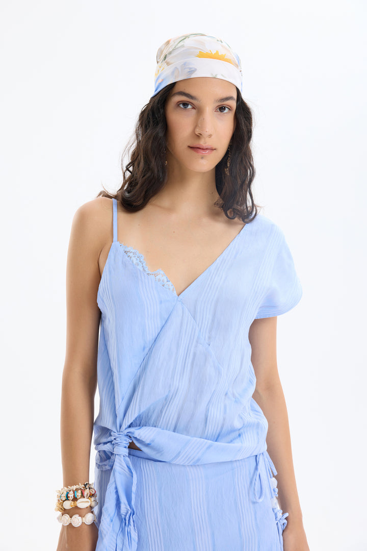 Dantel Detaylı İnce Çizgili Bluz Mavi