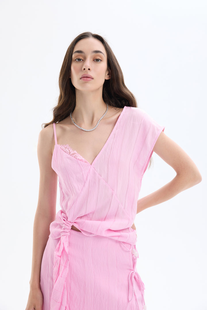 Dantel Detaylı İnce Çizgili Bluz Pembe