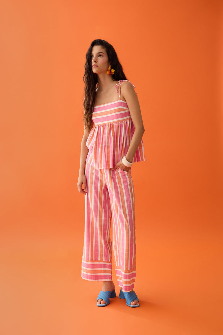 Çizgili Omuzu Bağcıklı Bluz Pembe