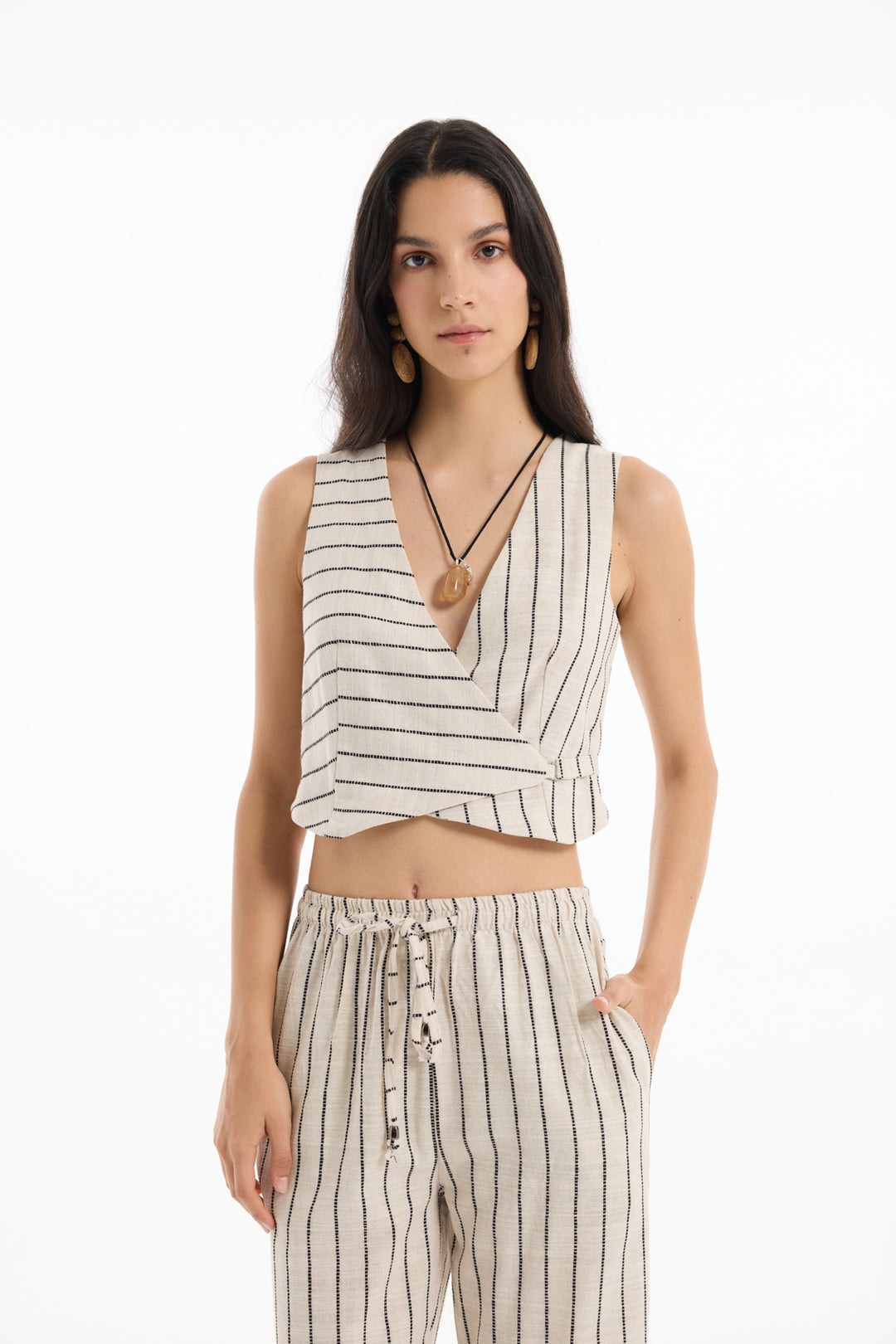 Kruvaze Yaka Keten Çizgili Bluz Naturel