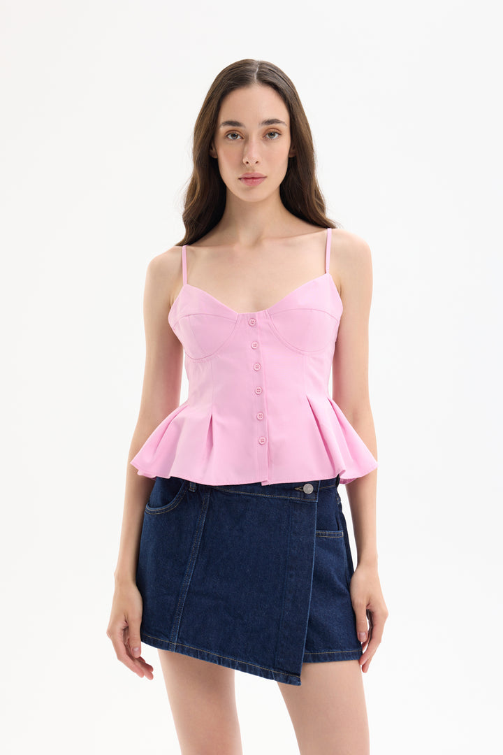 Pile Detaylı Düğmeli İnce Askılı Bluz Pembe