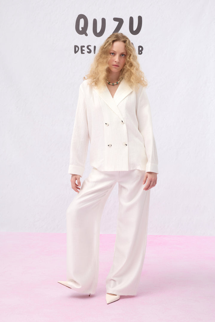 Dokulu Oversize Blazer Ceket Ekru