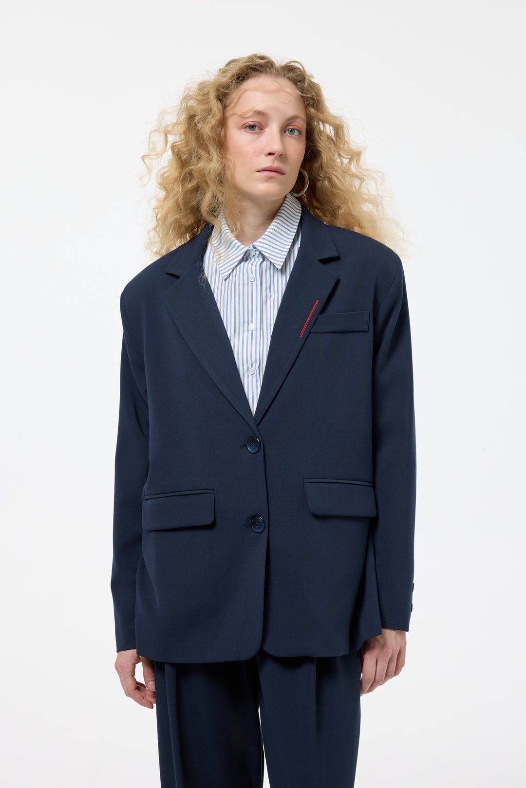 Çizgili Gömlek Yakalı Sırt Baskılı Blazer Ceket Lacivert