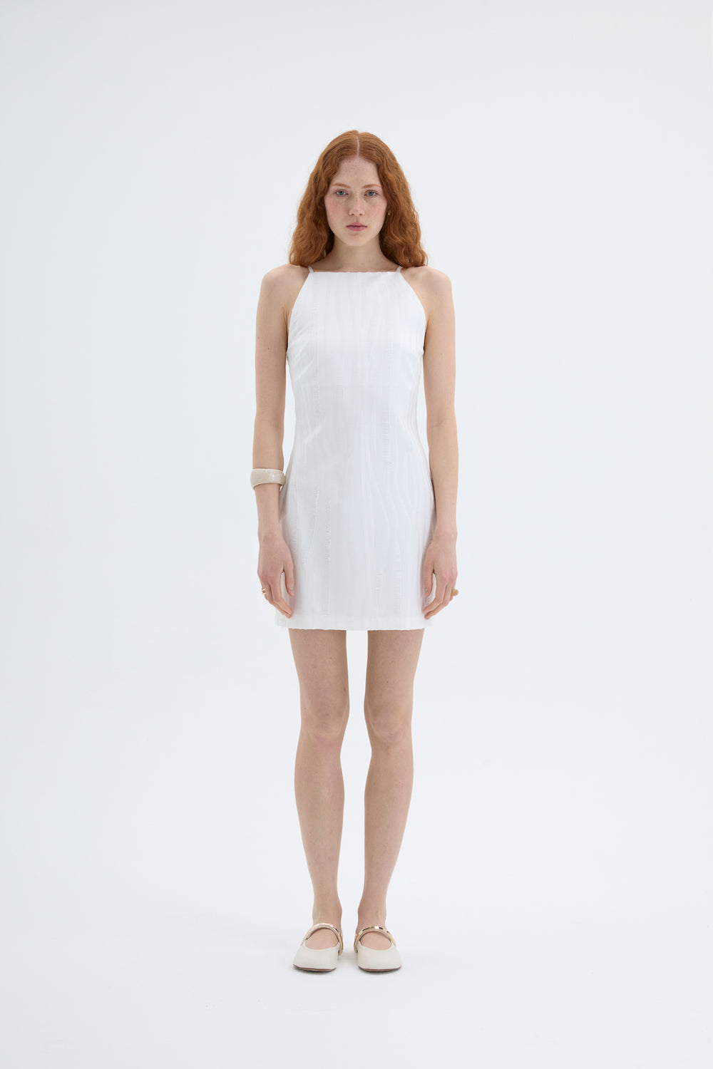 Halter Yaka Dokulu Mini Elbise Ekru