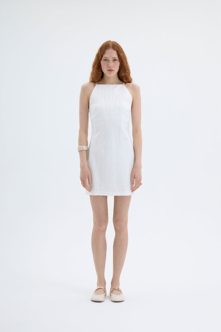 Halter Yaka Dokulu Mini Elbise Ekru