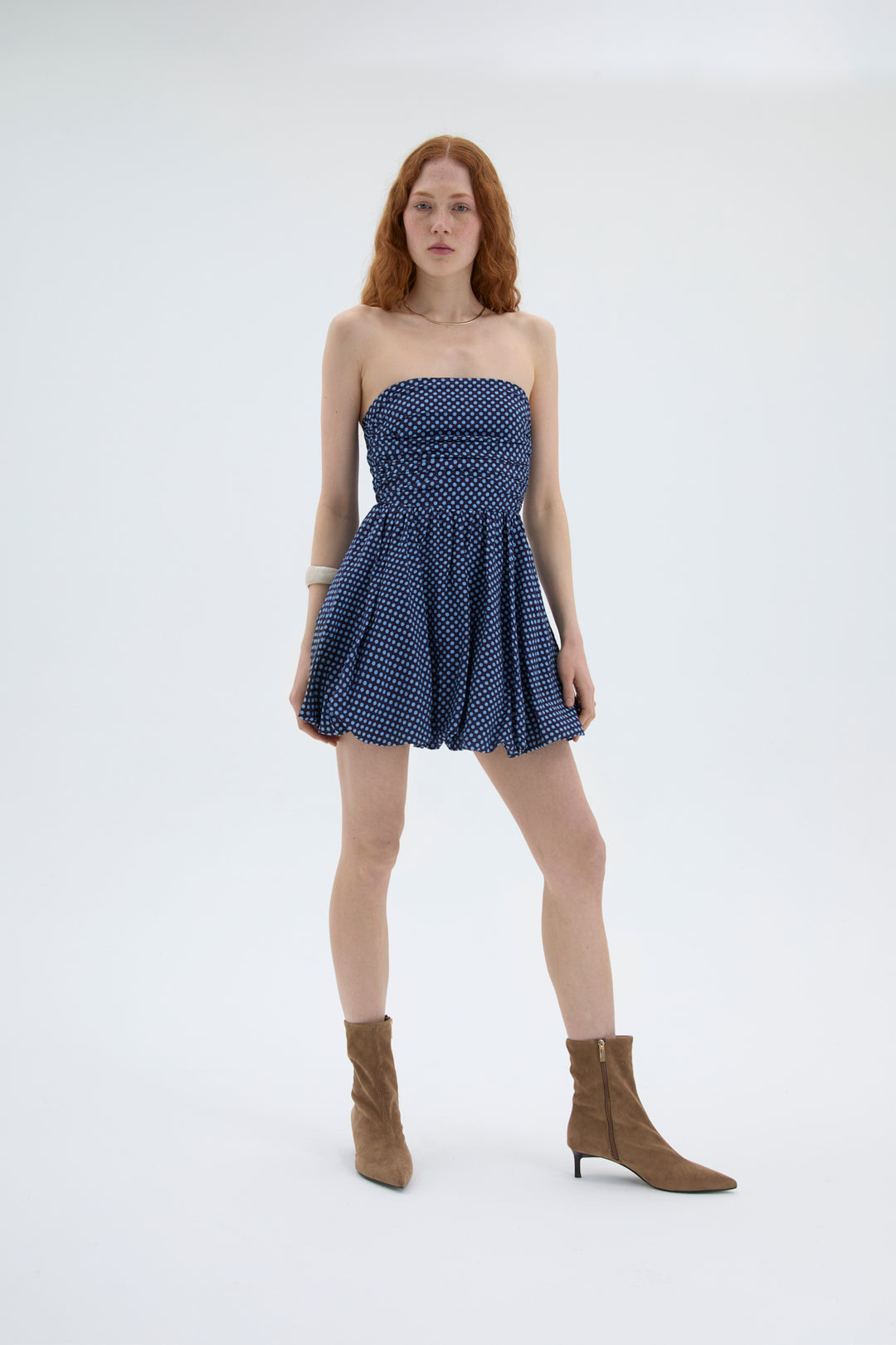 Puantiyeli Straplez Mini Balon Elbise Lacivert