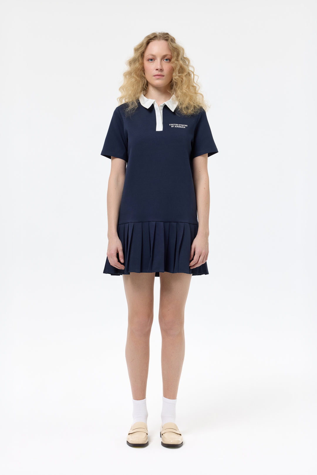 Polo Yaka Pileli Mini Elbise Lacivert