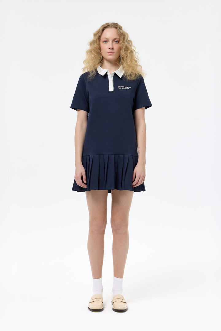 Polo Yaka Pileli Mini Elbise Lacivert