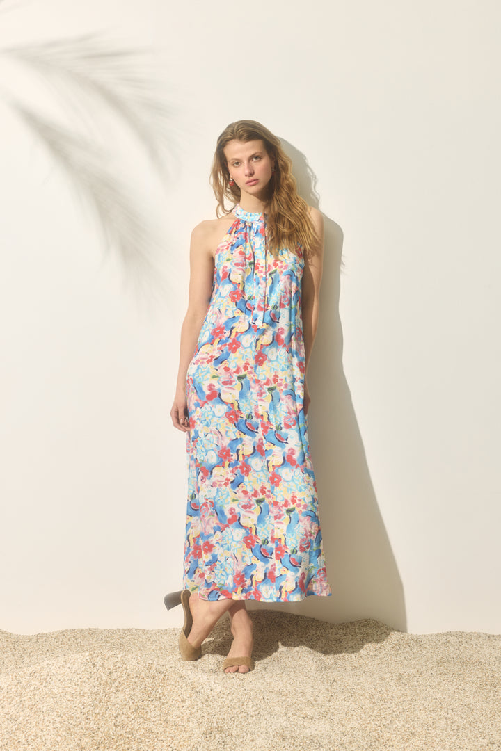 Halter Yaka Çiçek Desenli Uzun Elbise Mavi