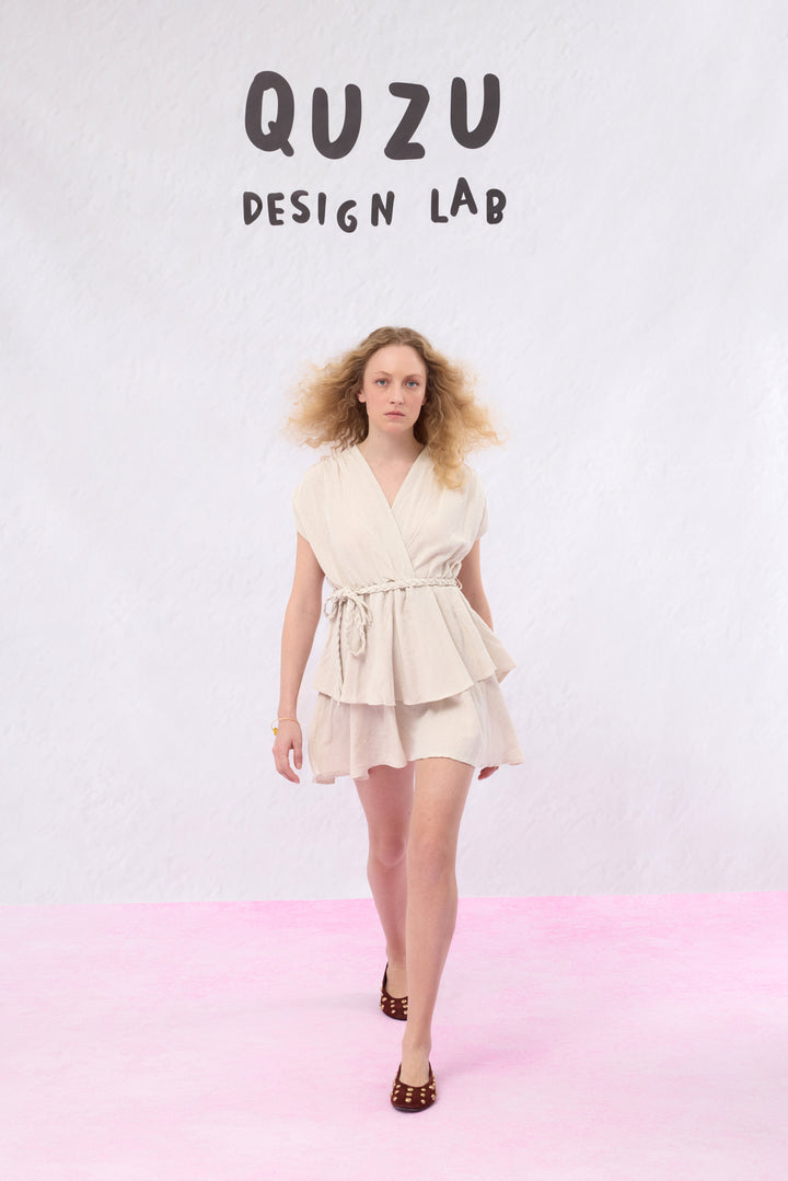 Örgü Kemerli Piliseli Keten Elbise Naturel