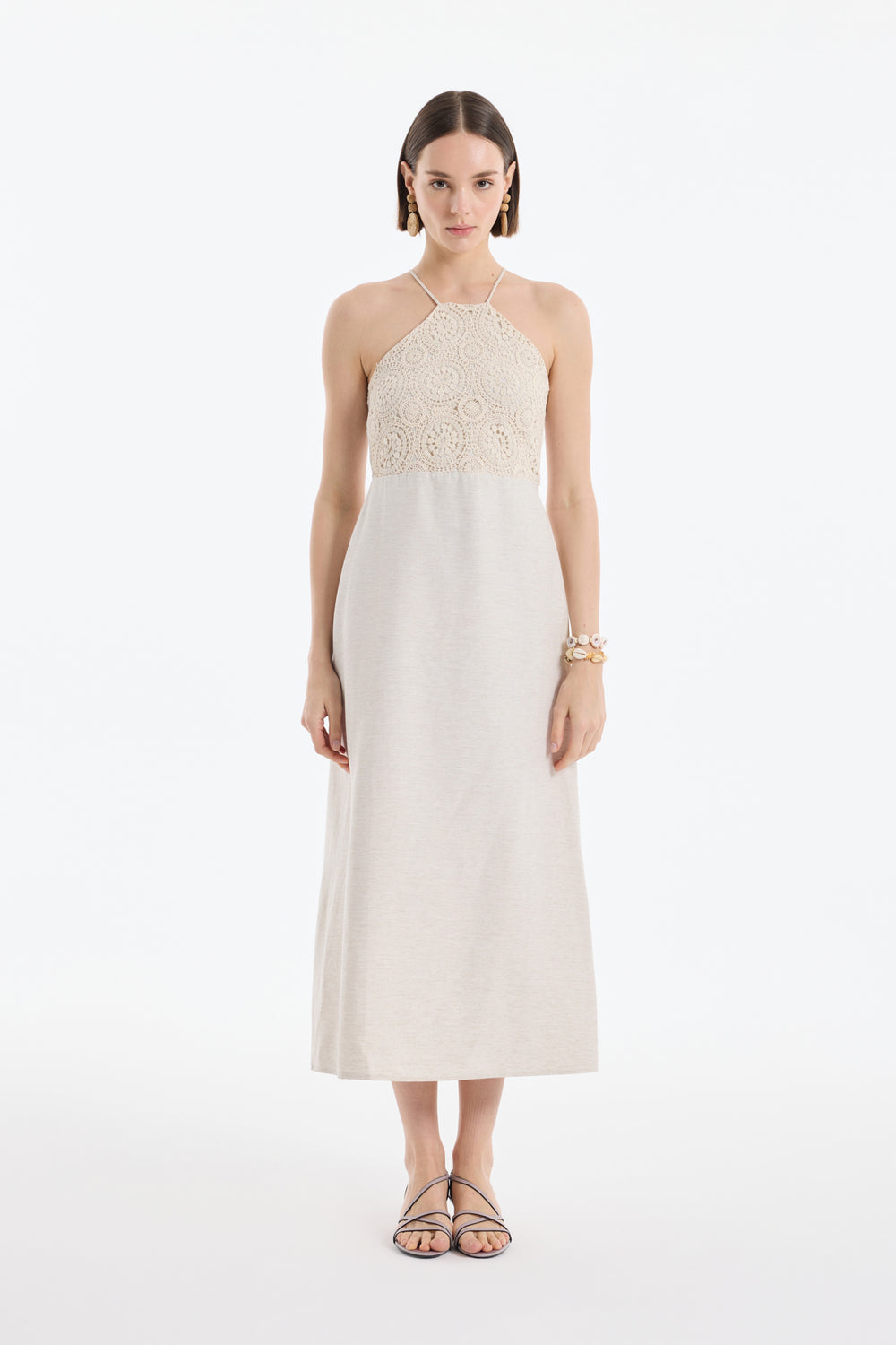 Halter Yaka Dantelli Uzun Elbise Naturel