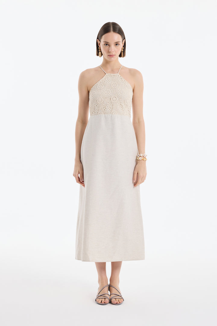 Halter Yaka Dantelli Uzun Elbise Naturel