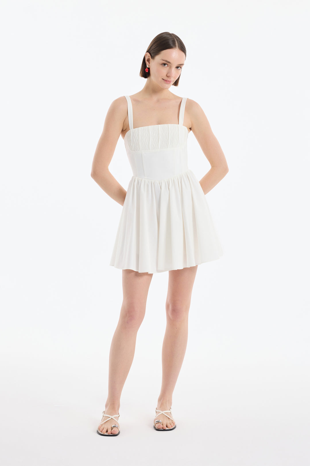 Kalın Askılı Pileli Mini Elbise Ekru