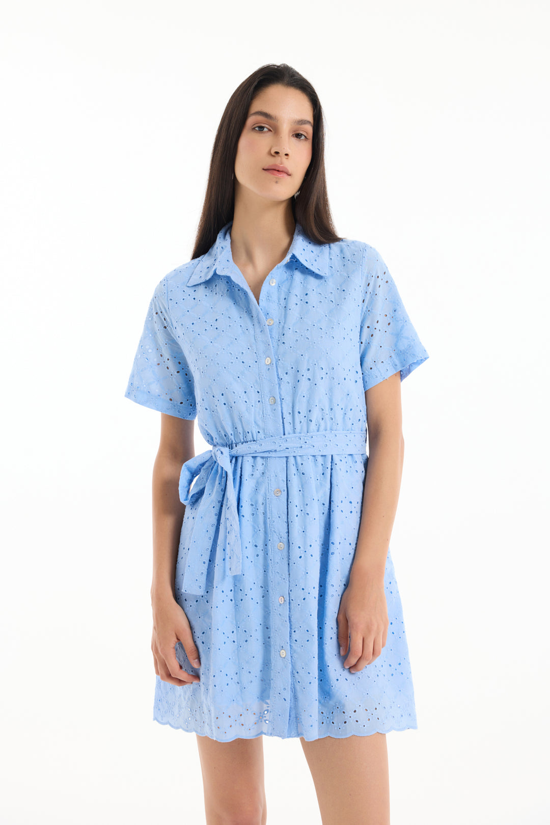 Fisto Detaylı Bağlamalı Mini Elbise Mavi