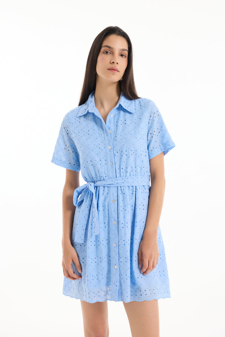 Fisto Detaylı Bağlamalı Mini Elbise Mavi