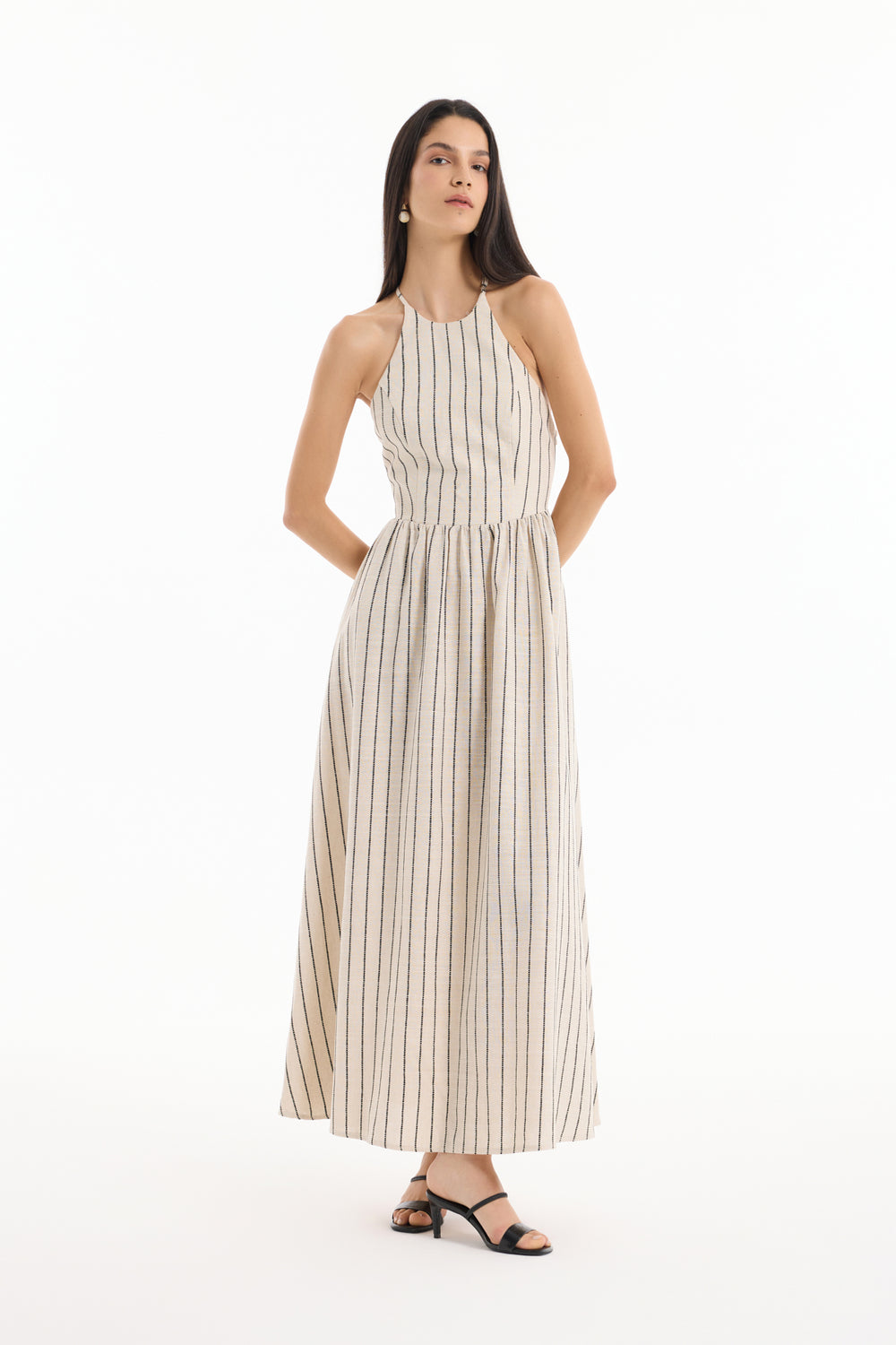Halter Yaka Keten Sırtı Bağlamalı Çizgili Uzun Elbise Naturel