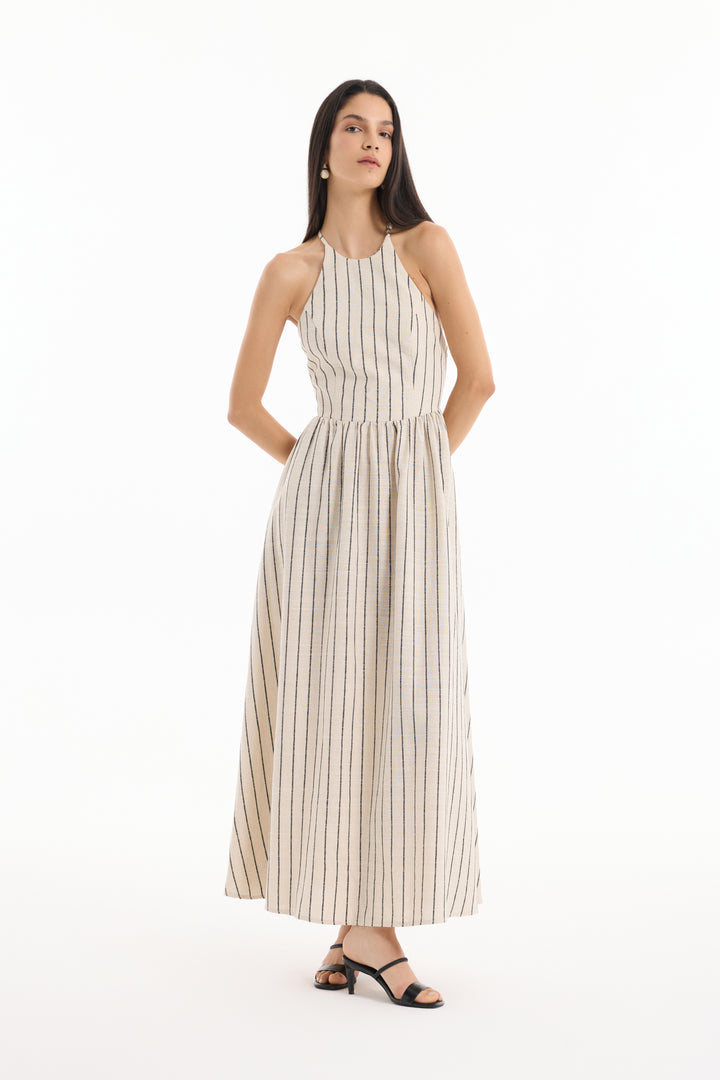 Halter Yaka Keten Sırtı Bağlamalı Çizgili Uzun Elbise Naturel