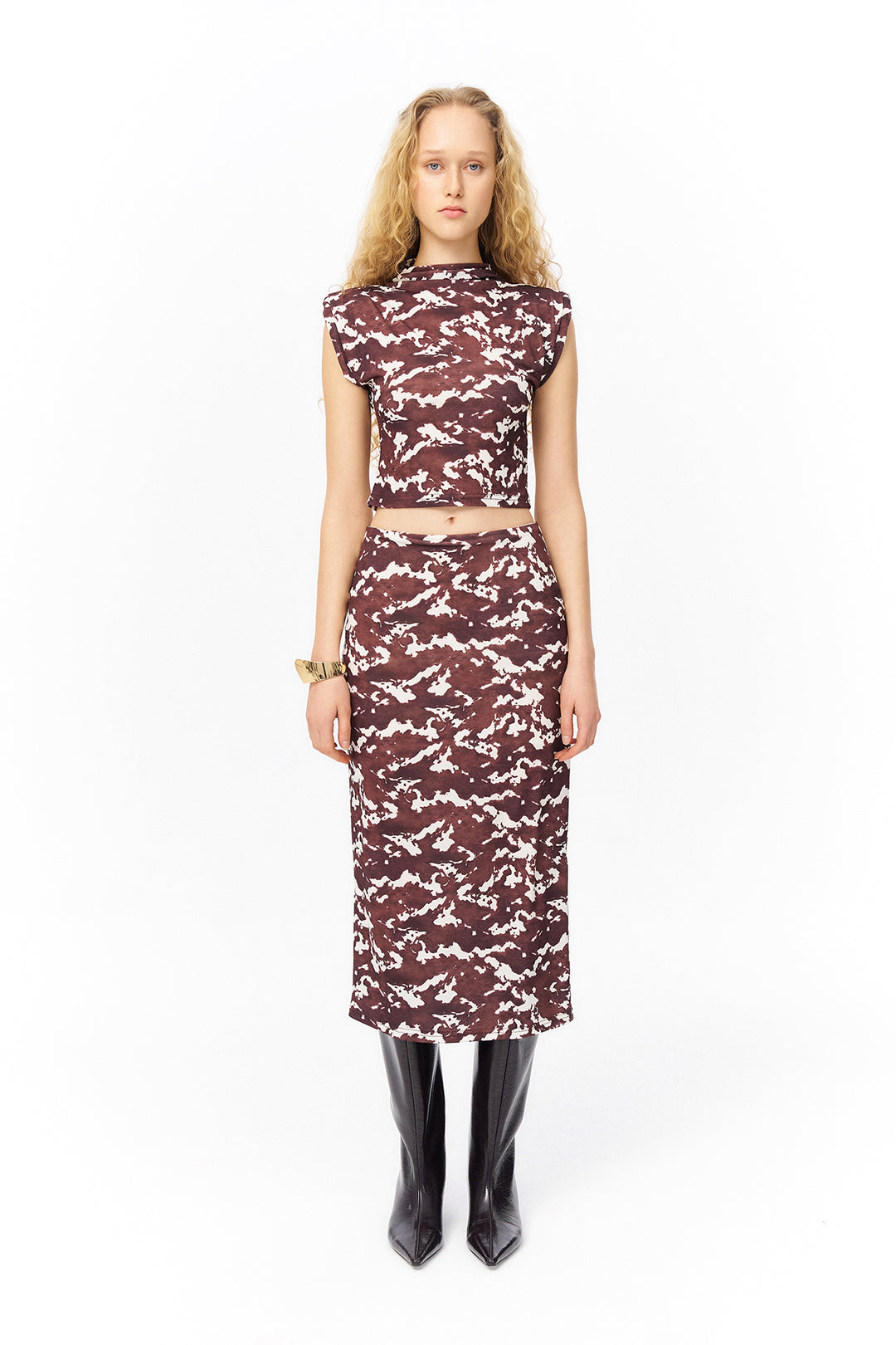 Dalga Desenli Midi Boy Etek Kahverengi