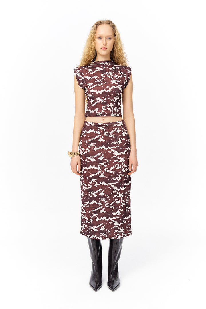Dalga Desenli Midi Boy Etek Kahverengi
