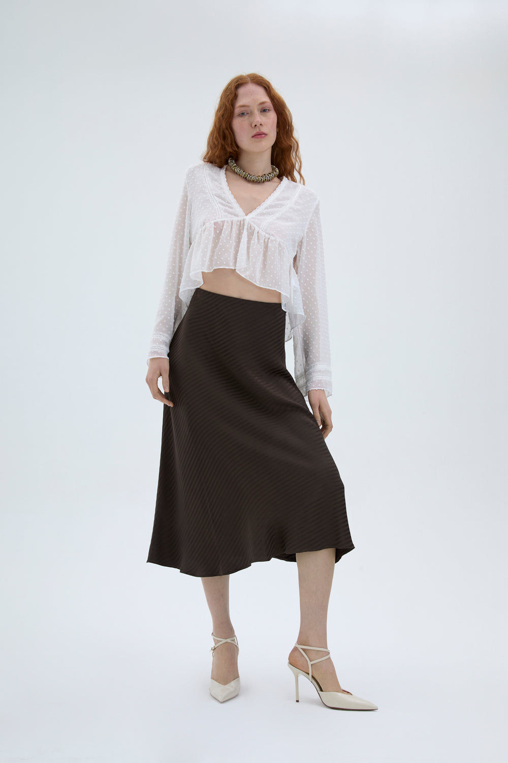 Şerit Dokulu Saten Midi Etek Kahverengi