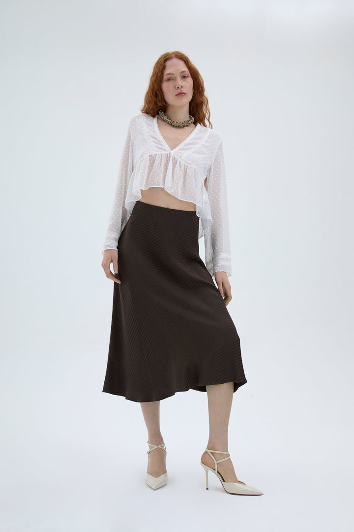 Şerit Dokulu Saten Midi Etek Kahverengi