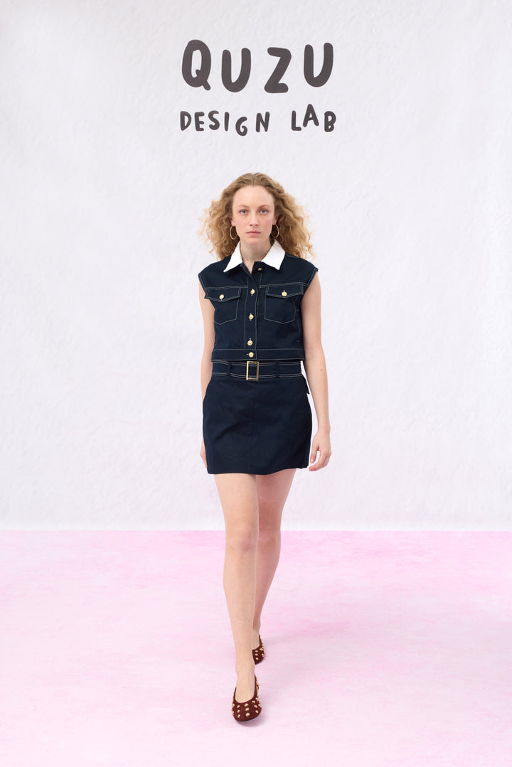 Kemer Aksesuarlı Mini Etek Lacivert