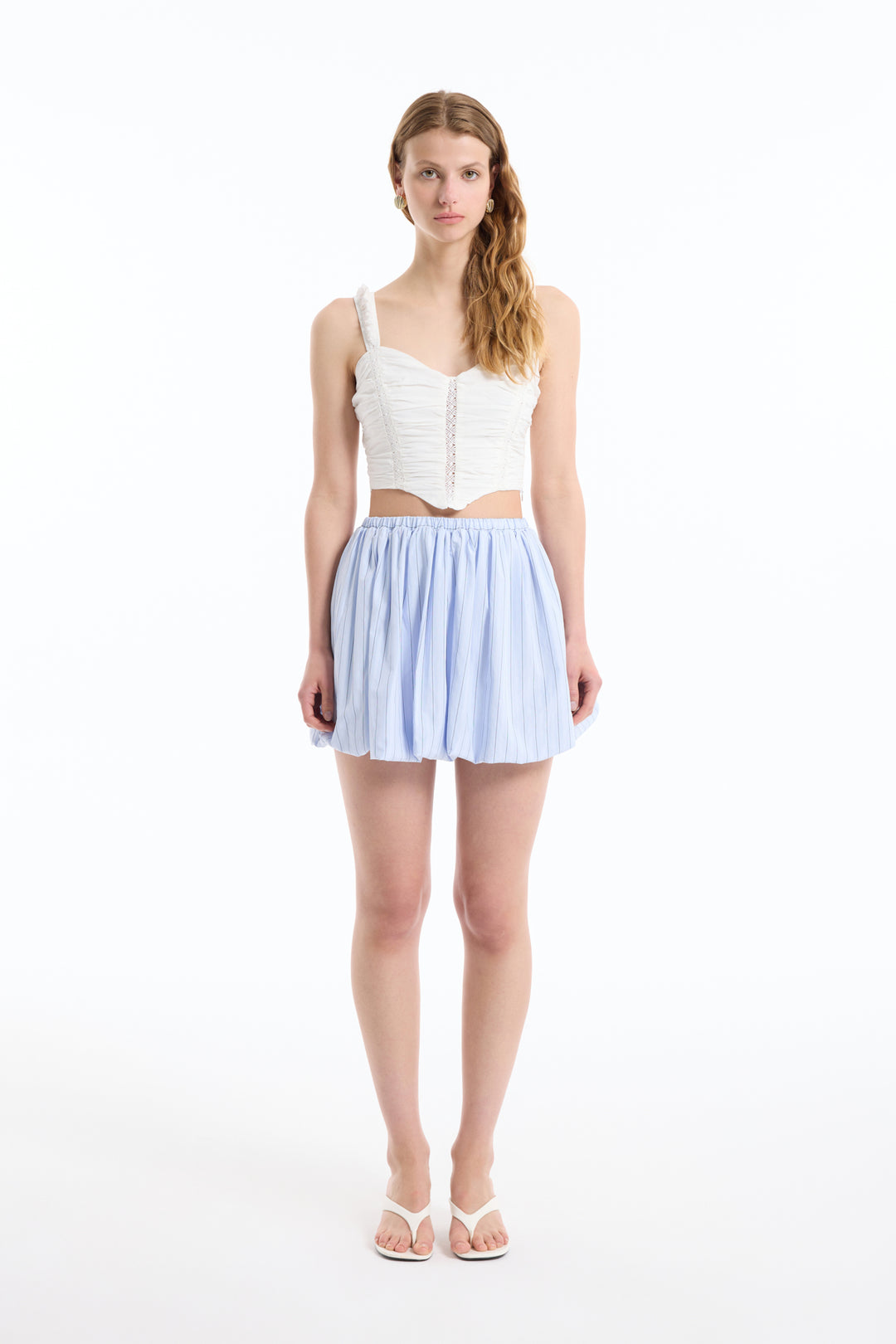 İnce Çizgili Balon Mini Etek Mavi