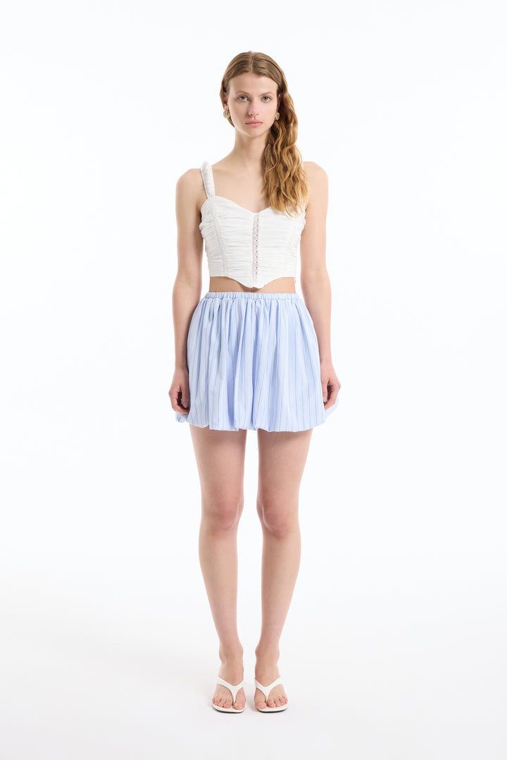 İnce Çizgili Balon Mini Etek Mavi