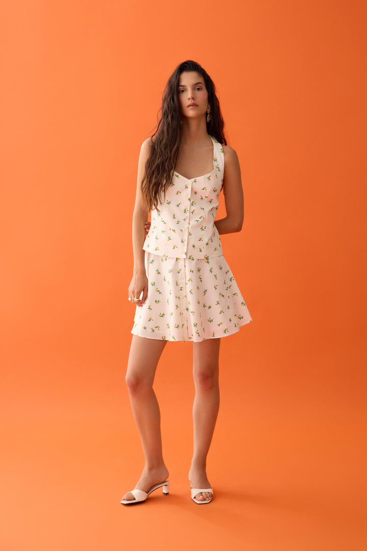 Limon Desenli Mini Etek Ekru