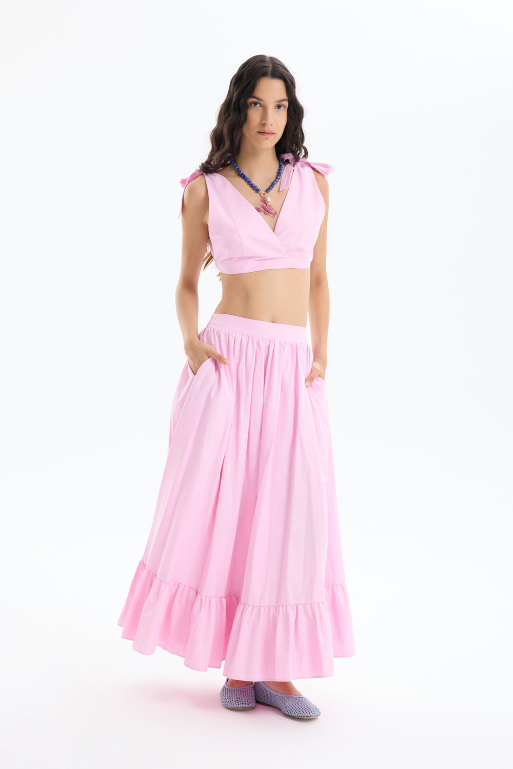 Pile Detaylı Yırtmaçlı Midi Boy Etek Pembe