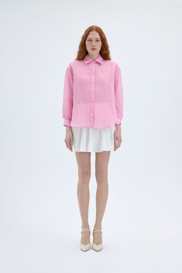 İnce Çizgili Düğmeli Oversize Gömlek Pembe