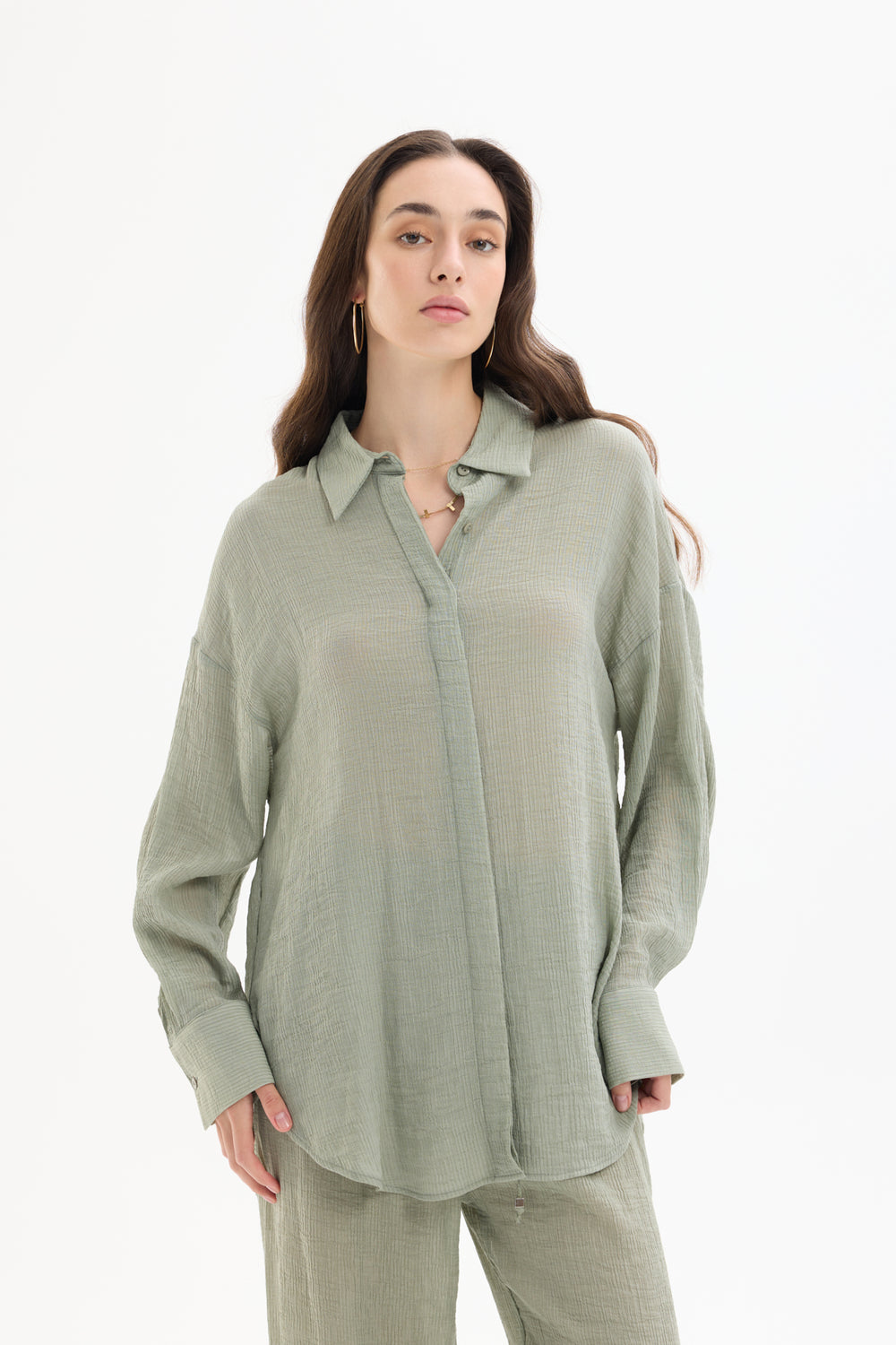 Düğmeli Oversize Dokulu Gömlek Haki