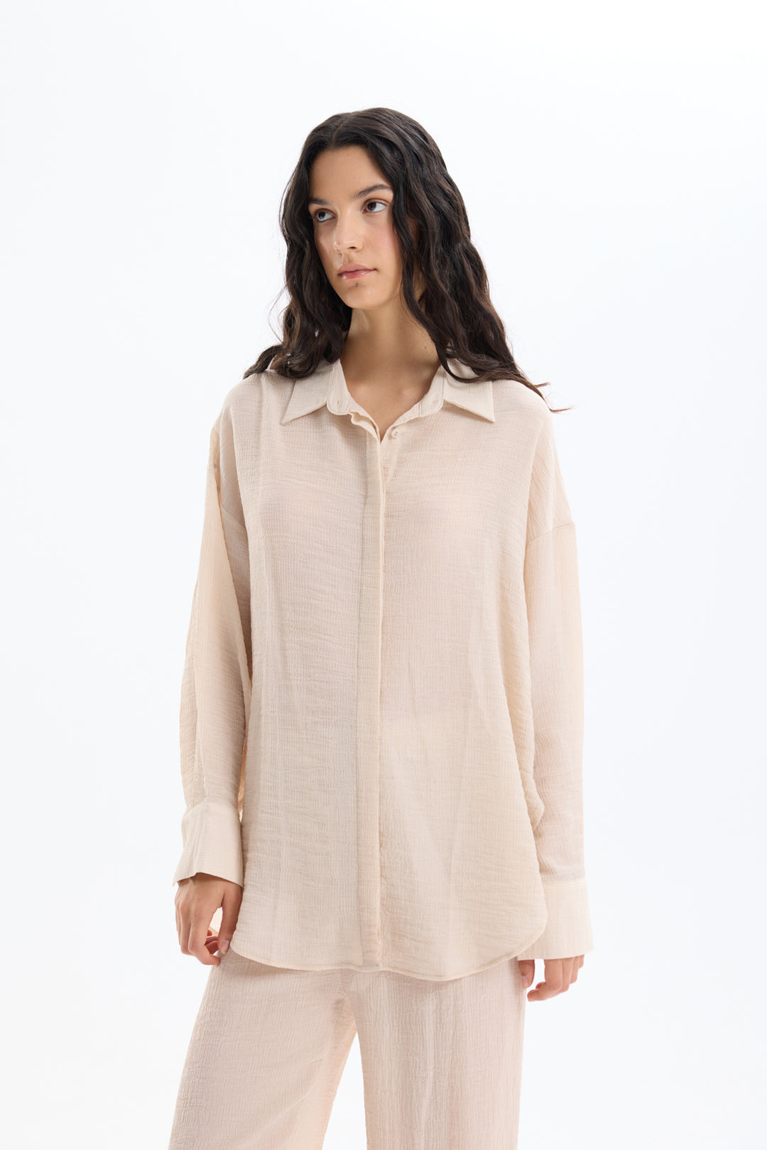 Düğmeli Oversize Dokulu Gömlek Taş