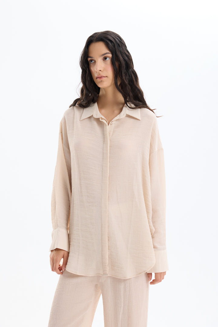 Düğmeli Oversize Dokulu Gömlek Taş