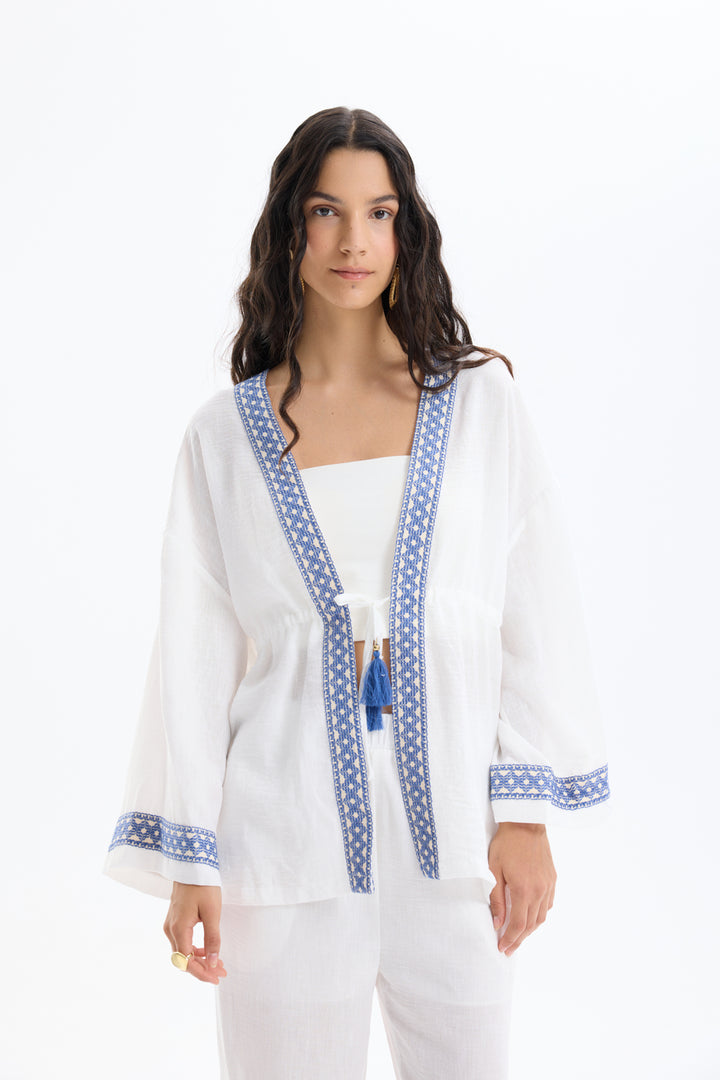 Şerit Nakış Detaylı Beli Bağlamalı Kimono Ekru