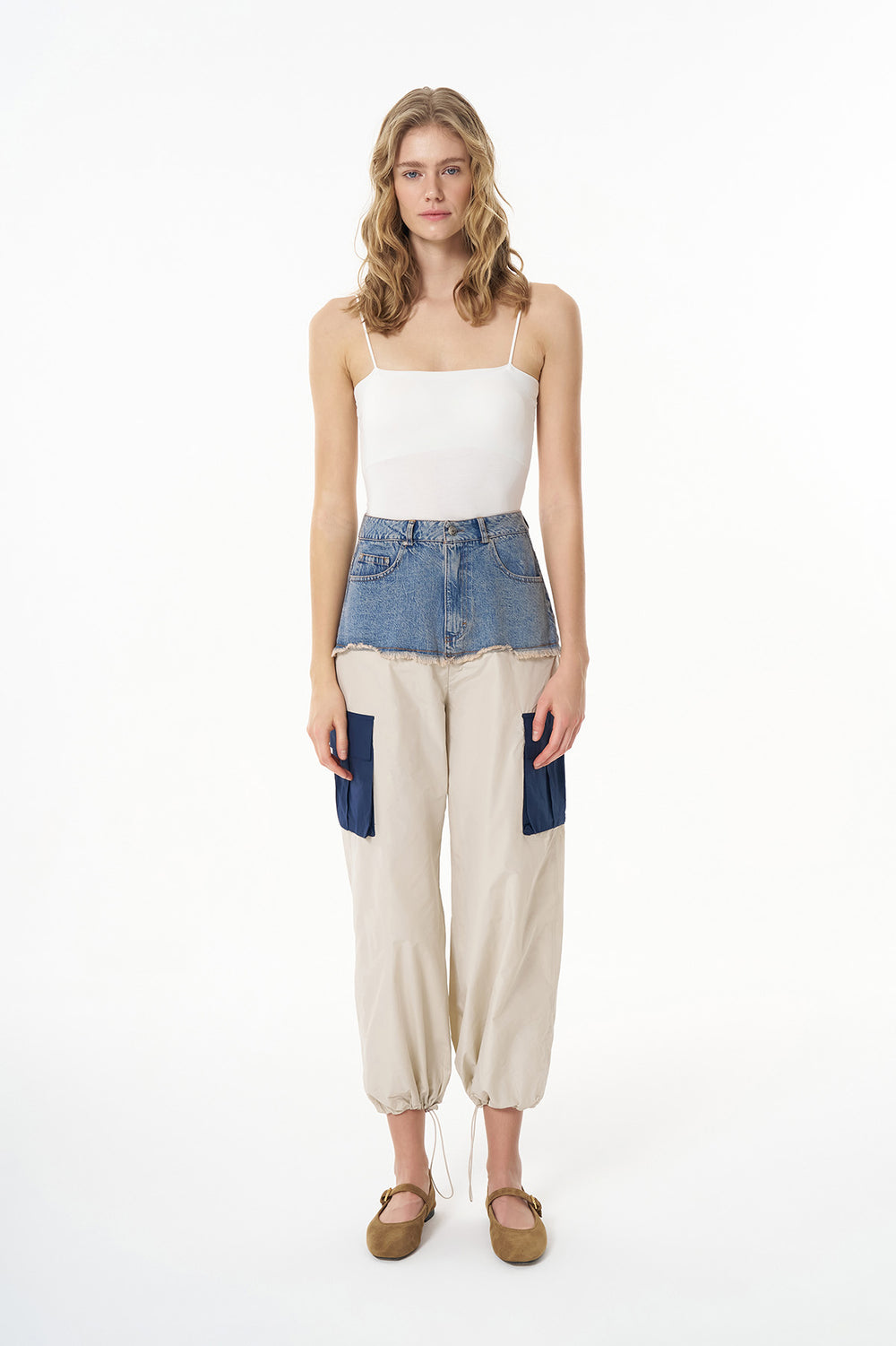 Denim Detaylı Cepli Paraşüt Pantolon Mavi