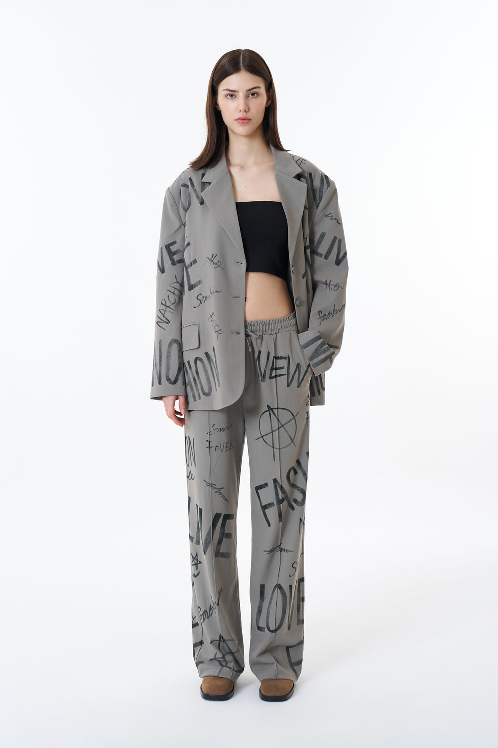 Yazı Baskılı Yüksek Bel Pantolon Açık Haki