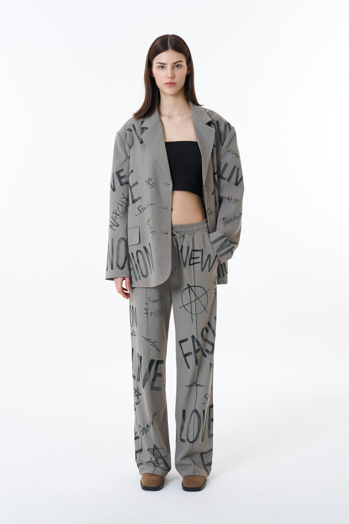 Yazı Baskılı Yüksek Bel Pantolon Açık Haki