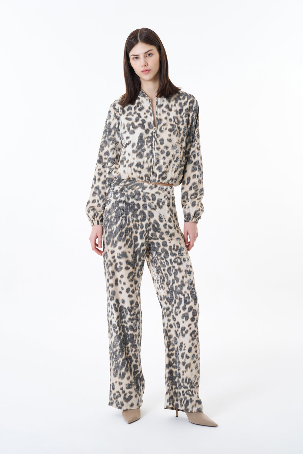 Leopar Desenli Geniş Paça Pantolon Taş