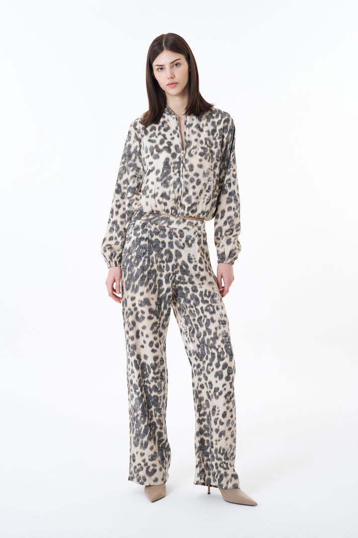 Leopar Desenli Geniş Paça Pantolon Taş
