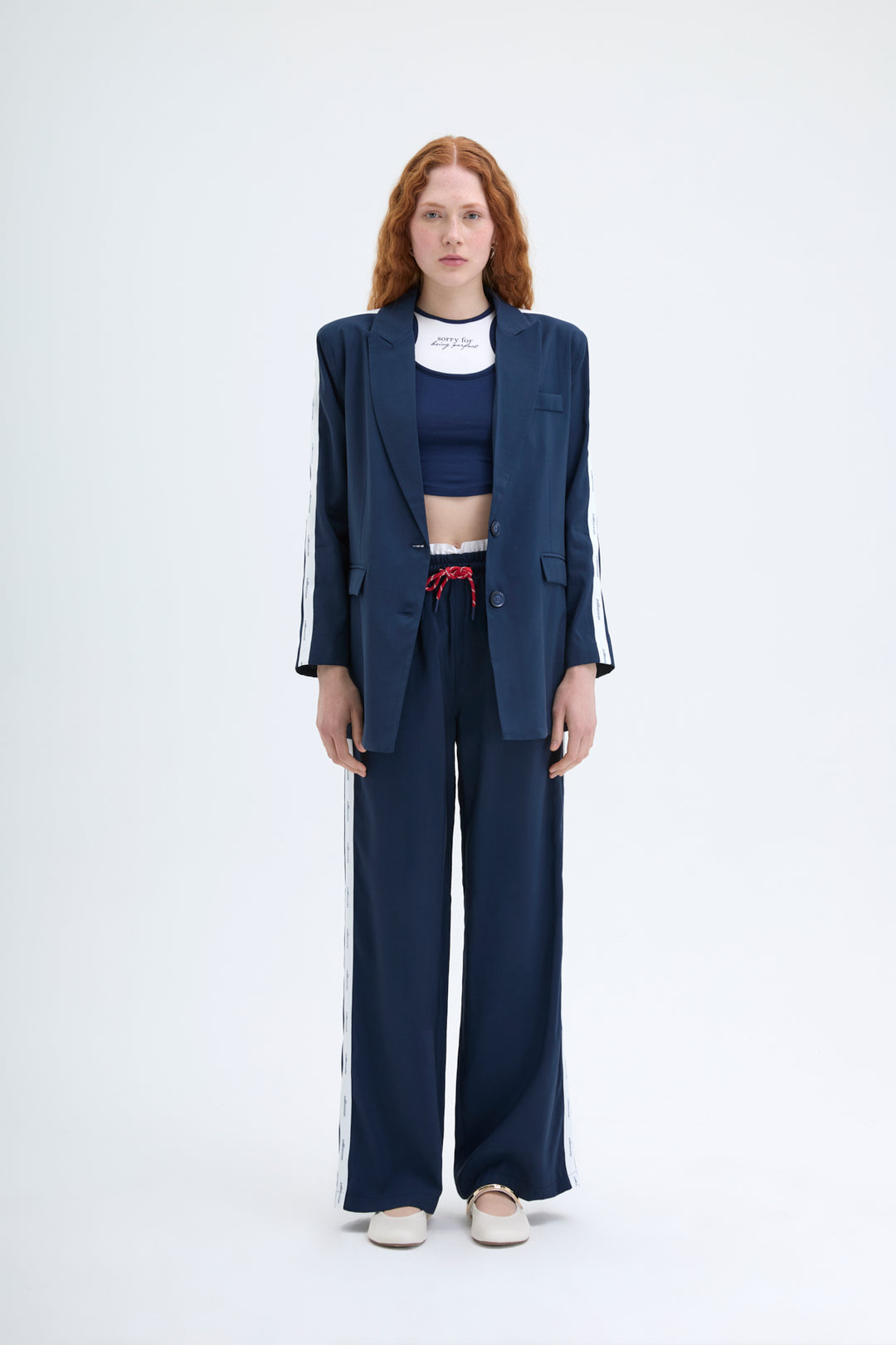 Şerit Yazı Baskılı Beli Lastikli Pantolon Lacivert